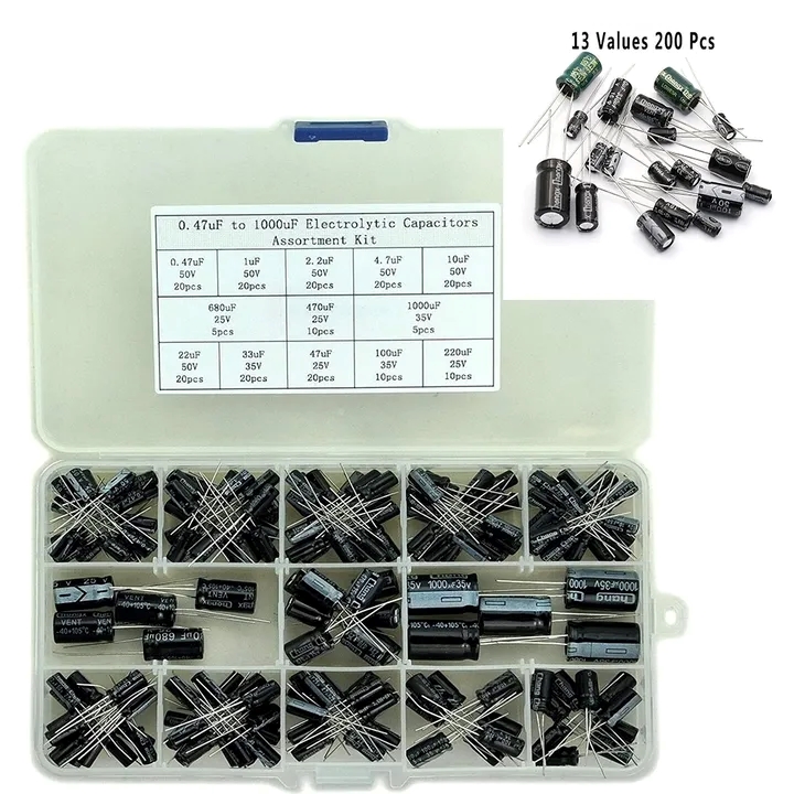 13-values-200pcs-047-1000uf-electrolytic-capacitors-assortment-kit-electronics-black