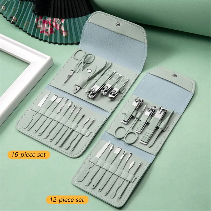 new-arrivals-16pcsset-nail-clipper-manicure-set-high-quality-stainless-nail-cutter-pedicure-scissor-cuticle-nipper-nail-tools-personal-care-kit-green